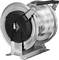 A stainless steel hose reel with a sturdy frame and a retractable handle, designed for industrial use.