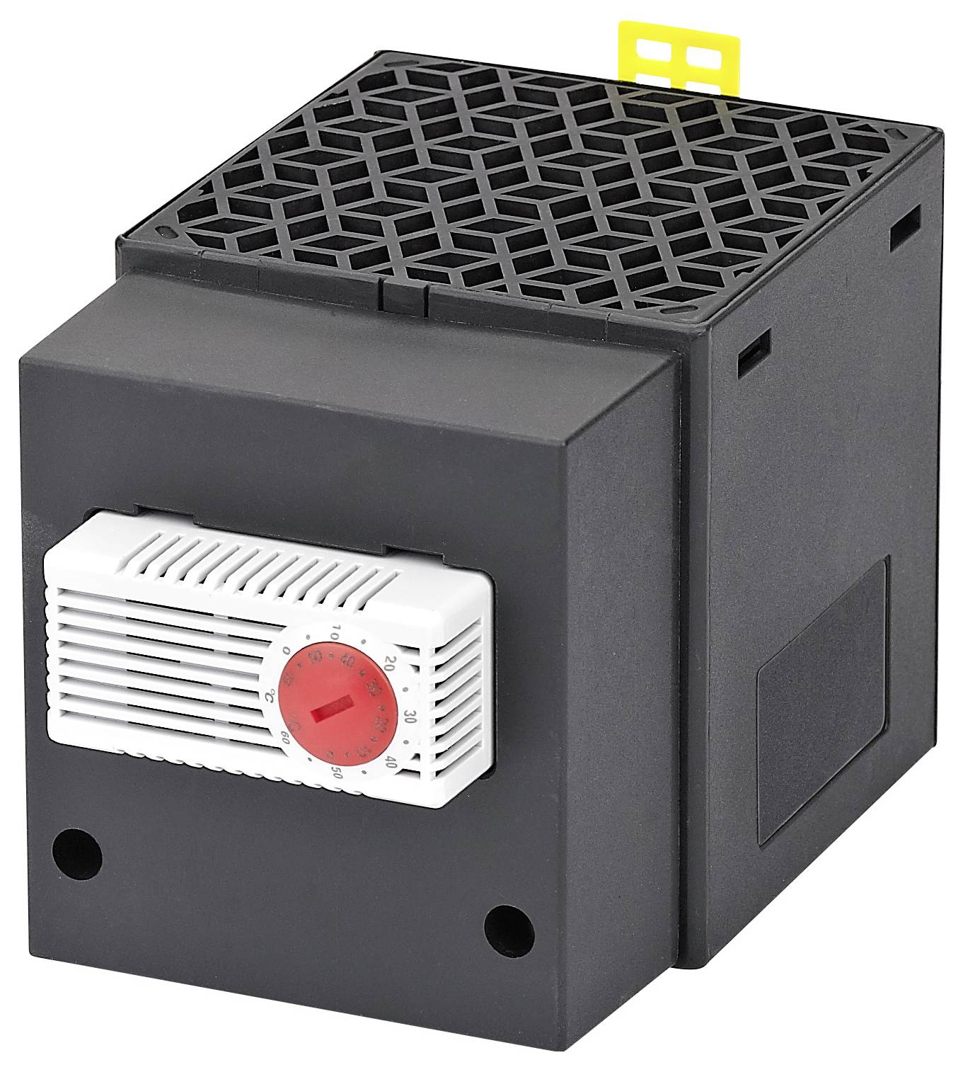 Black cube-shaped device with a white and red thermostat control on the front and a vented top grille, shown on a white background