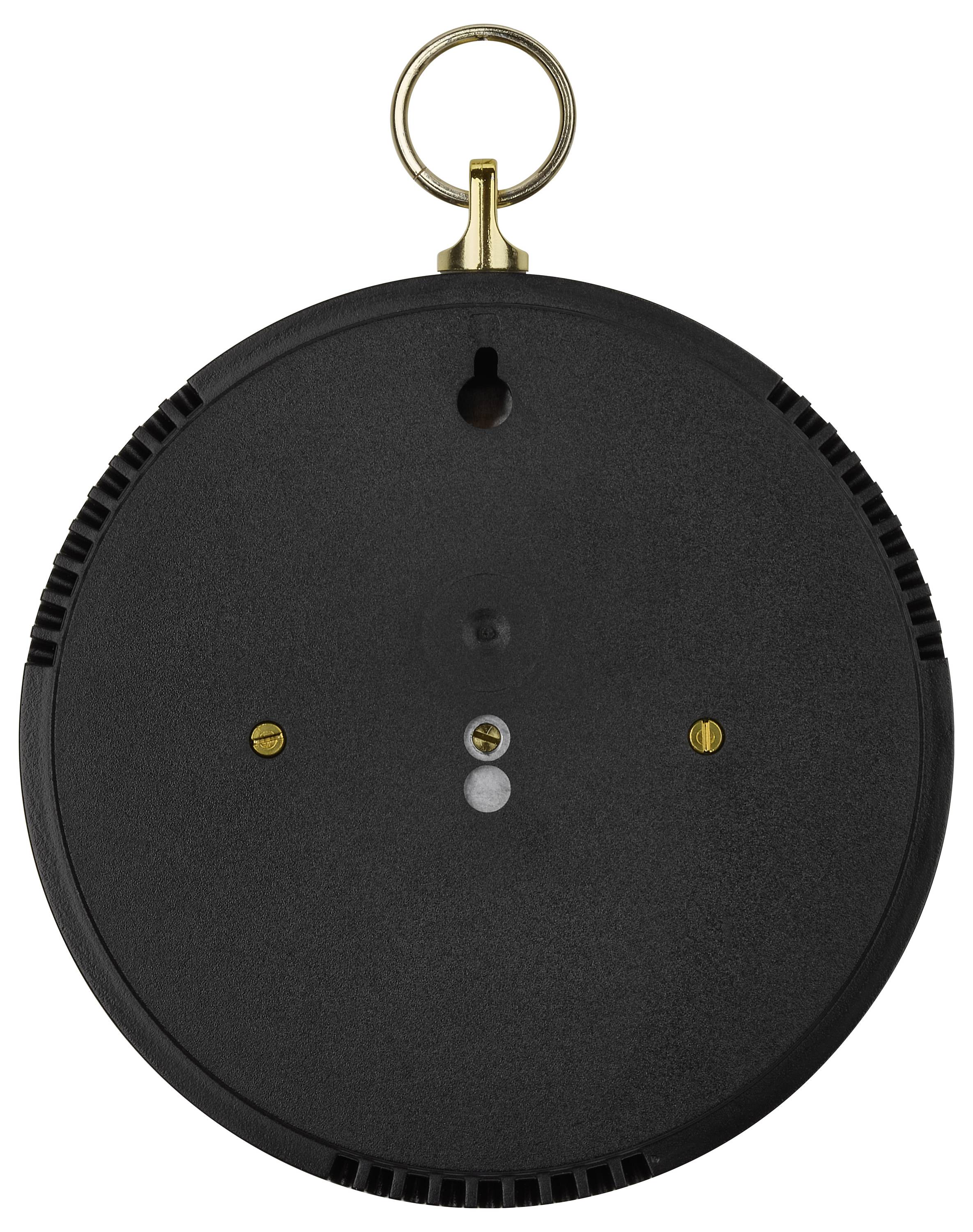 Back view of a round black clock mechanism with a metal hanging loop at the top, central mounting hole, and three visible screws.