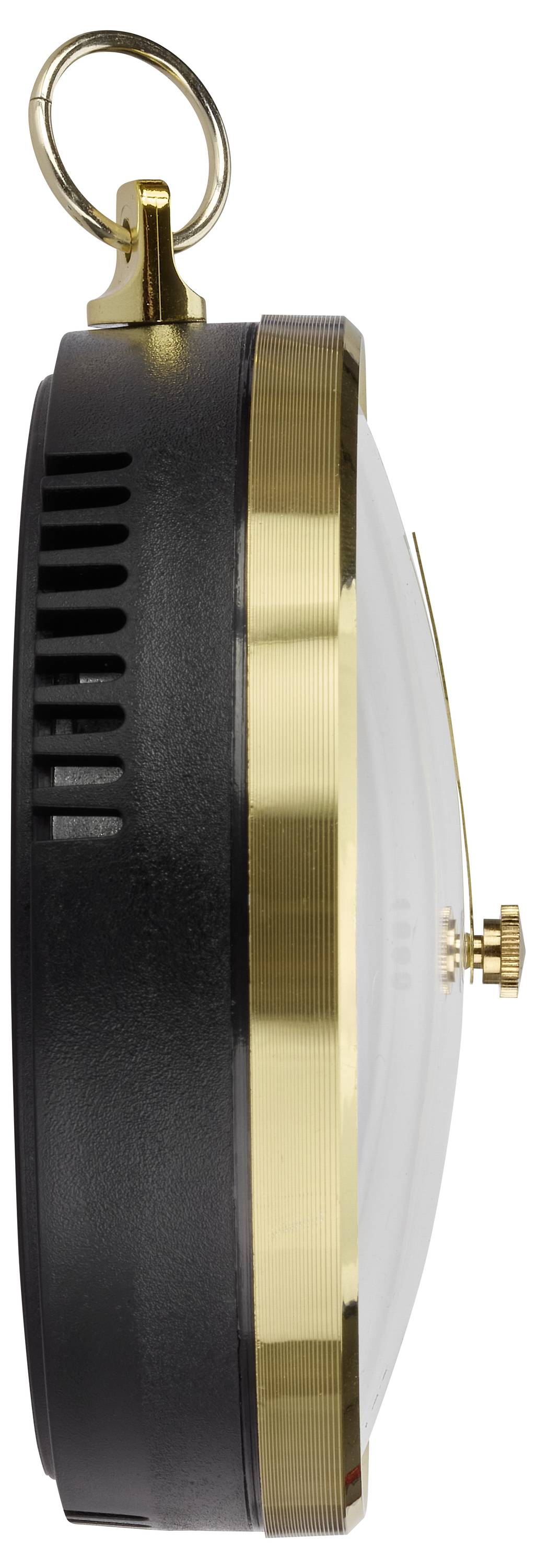 Side view of a round, wall-mounted clock with a black and brass finish, showing a hook and winder on top for hanging.