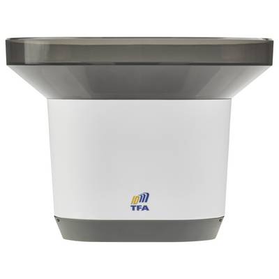 A white and gray electronic device with a wide circular top and a TFA logo on the front, used for monitoring environmental data.