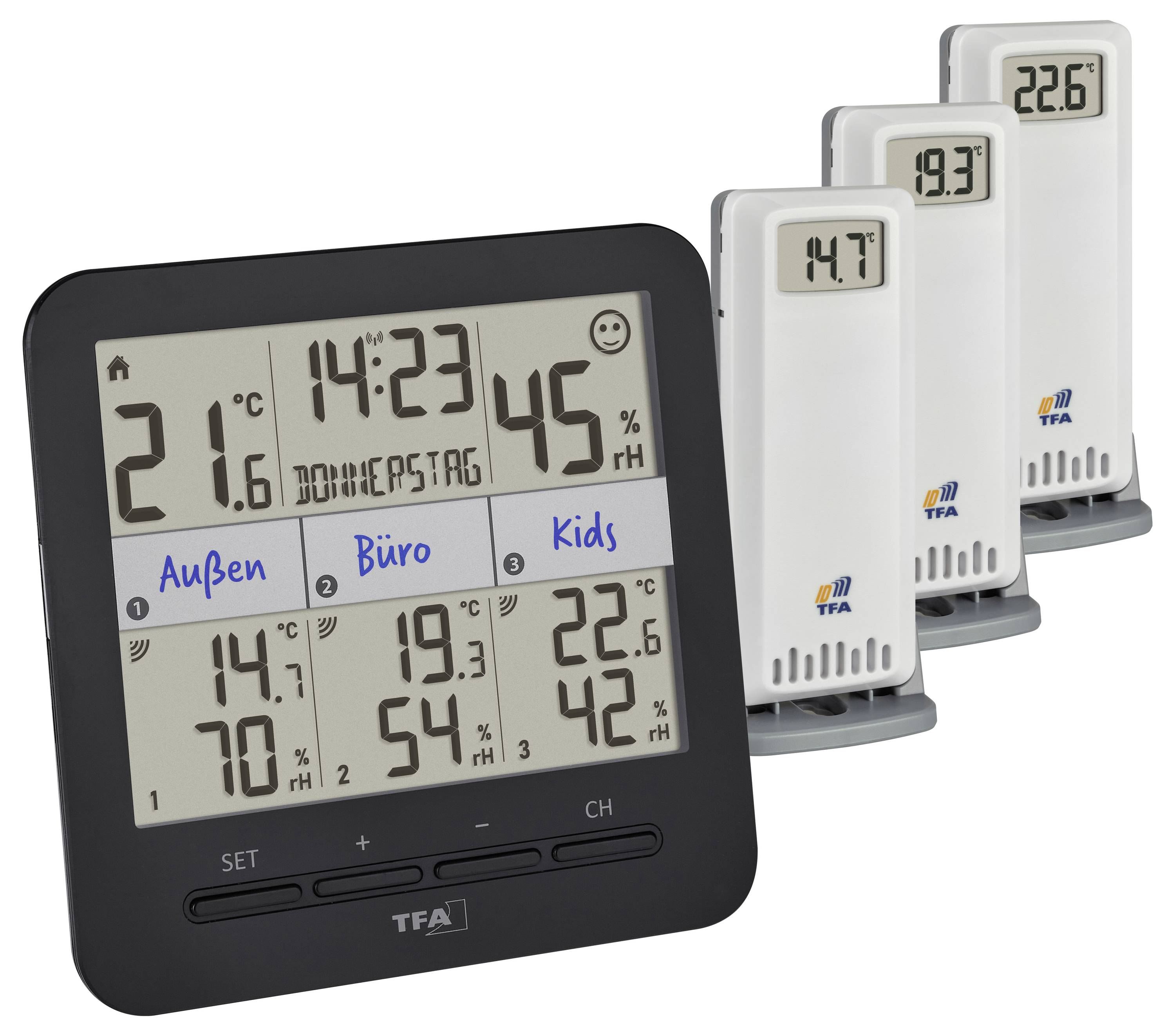 Digital thermometer displays indoor and outdoor temperatures, time, and humidity levels. Three remote sensors show different area readings.