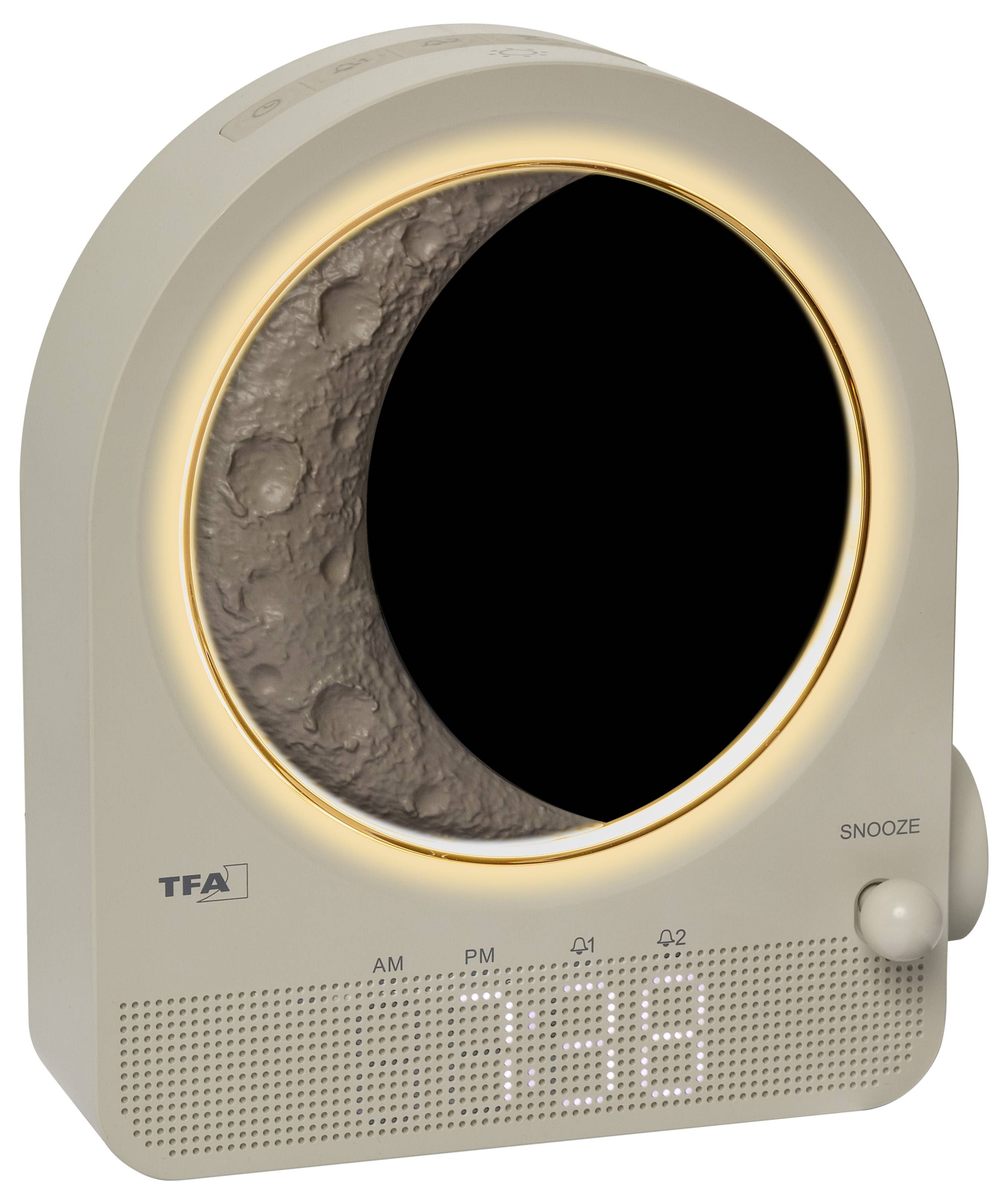 A digital clock with a moon phase display, showing 7:38 PM. The clock has a circular design and a snooze button on the side.