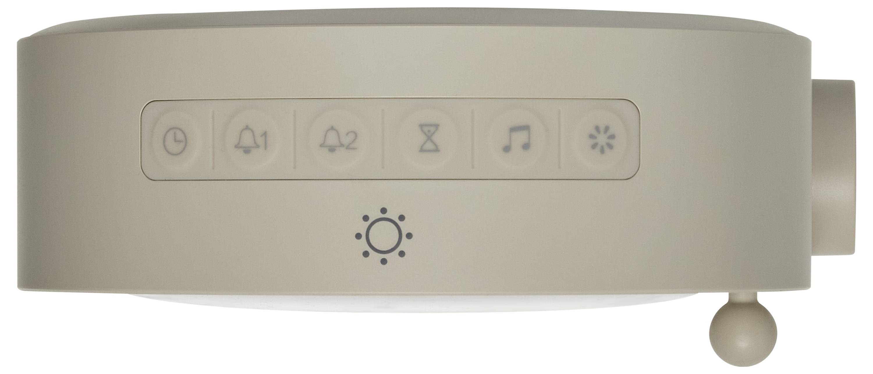 A beige panel with six icons: clock, alarm, lullaby, sand timer, music note, and brightness. Central button for light adjustments.