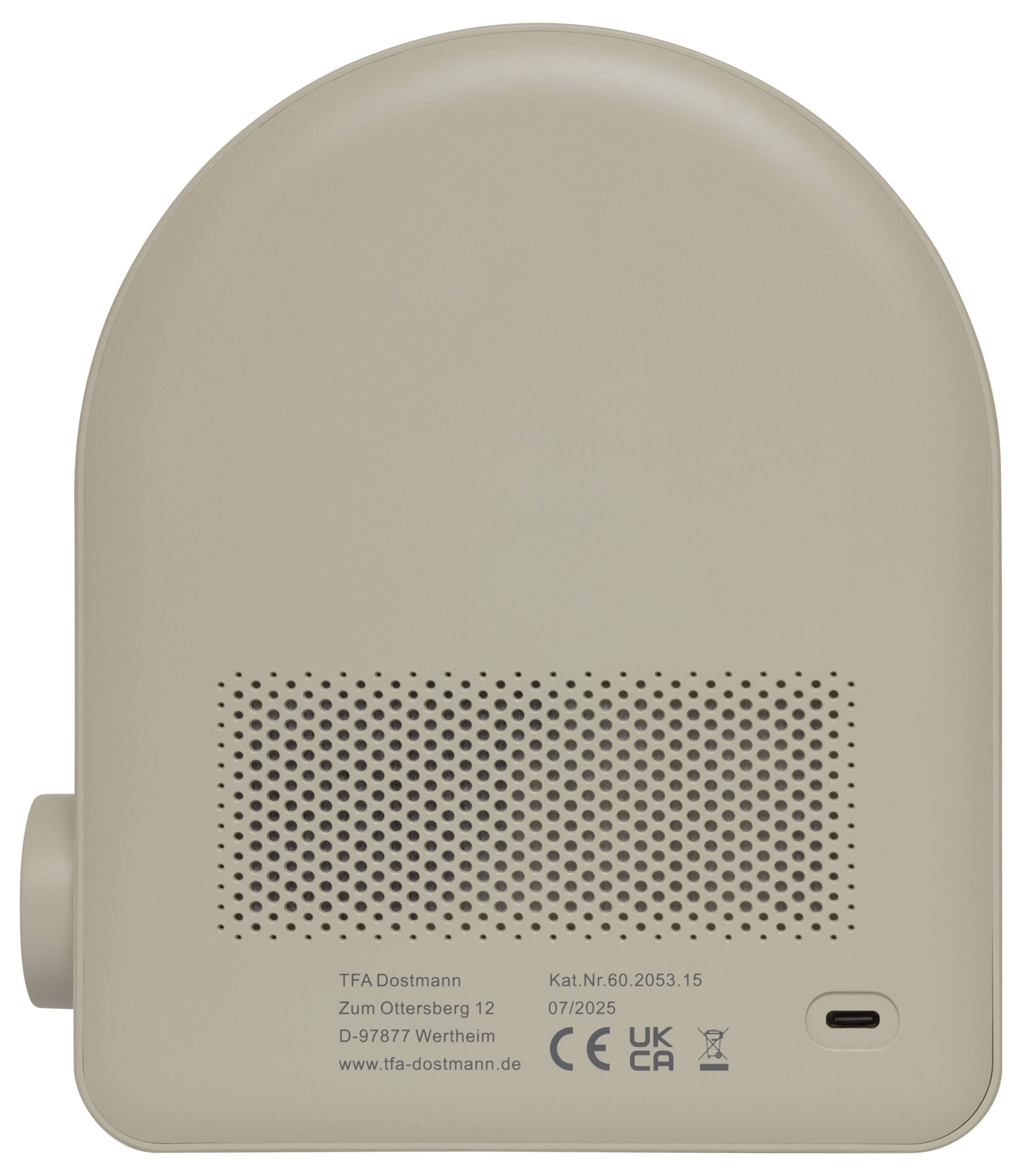 Beige electronic device with a vented back, side dial, and USB port. Branding and text with contact information are printed on rear.