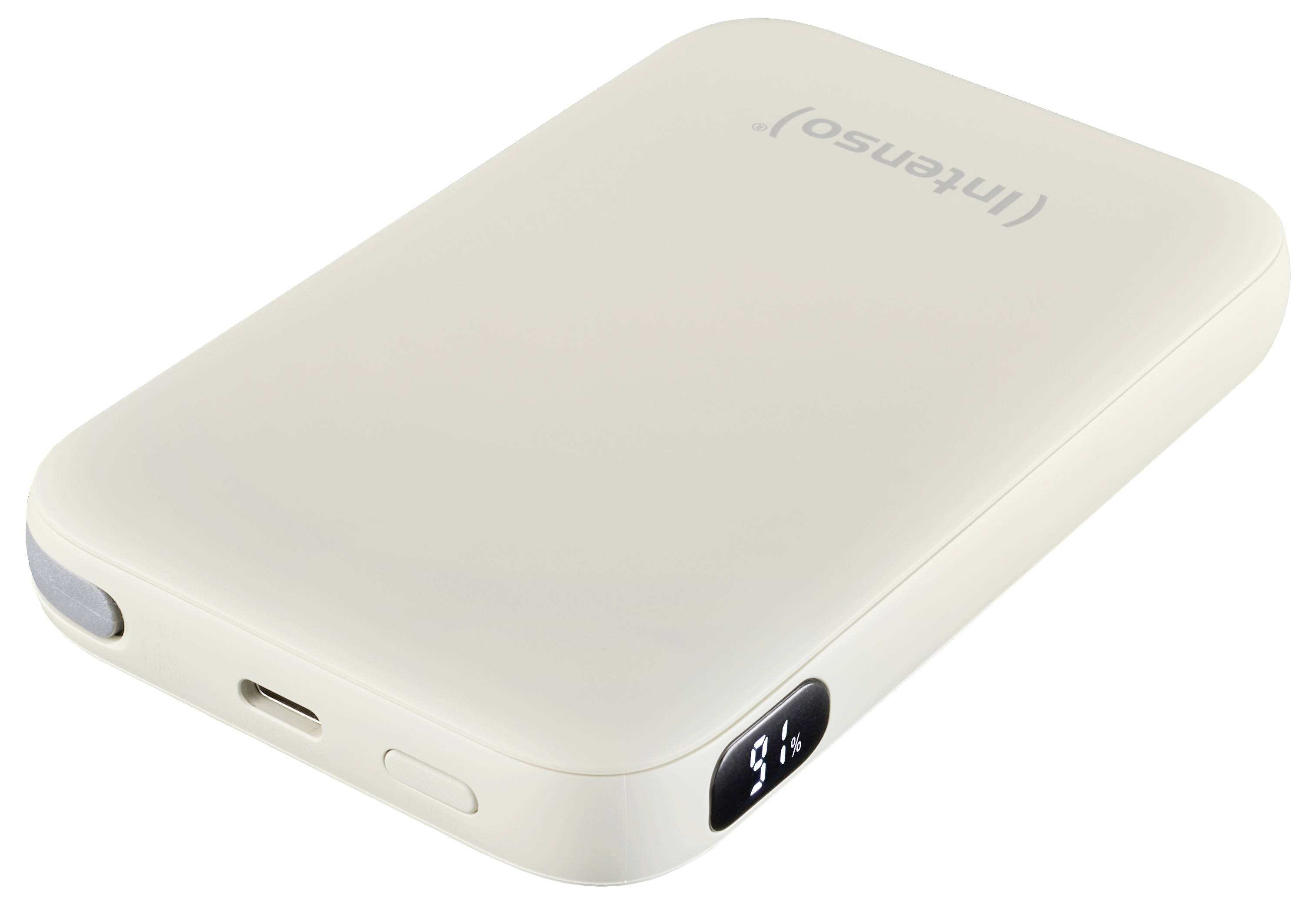 A white Intenso power bank with a digital display showing 51% charge. The device has a USB port and a power button on the side.