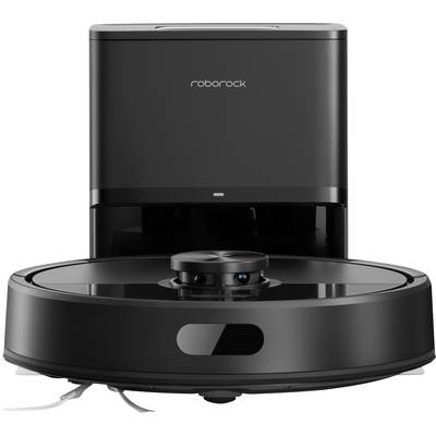 A black robotic vacuum cleaner with a sleek design, shown in front of its charging dock. The brand name 'roborock' is visible on the dock.