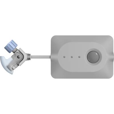 Rectangular device with a circular button and three small dots, attached to a blue-capped metal valve via a cable on the left side.