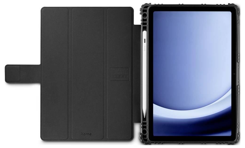 A tablet with a stylus is partially enclosed in a black protective cover. The tablet screen displays a blue abstract background.