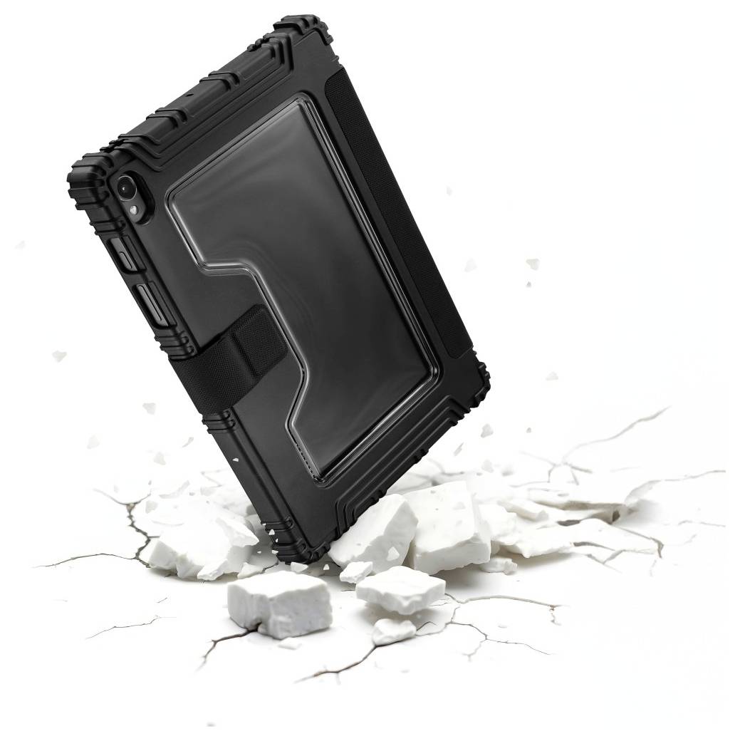 A rugged black tablet case is shown with protective corners and a clear back, positioned on cracked, broken white tiles.