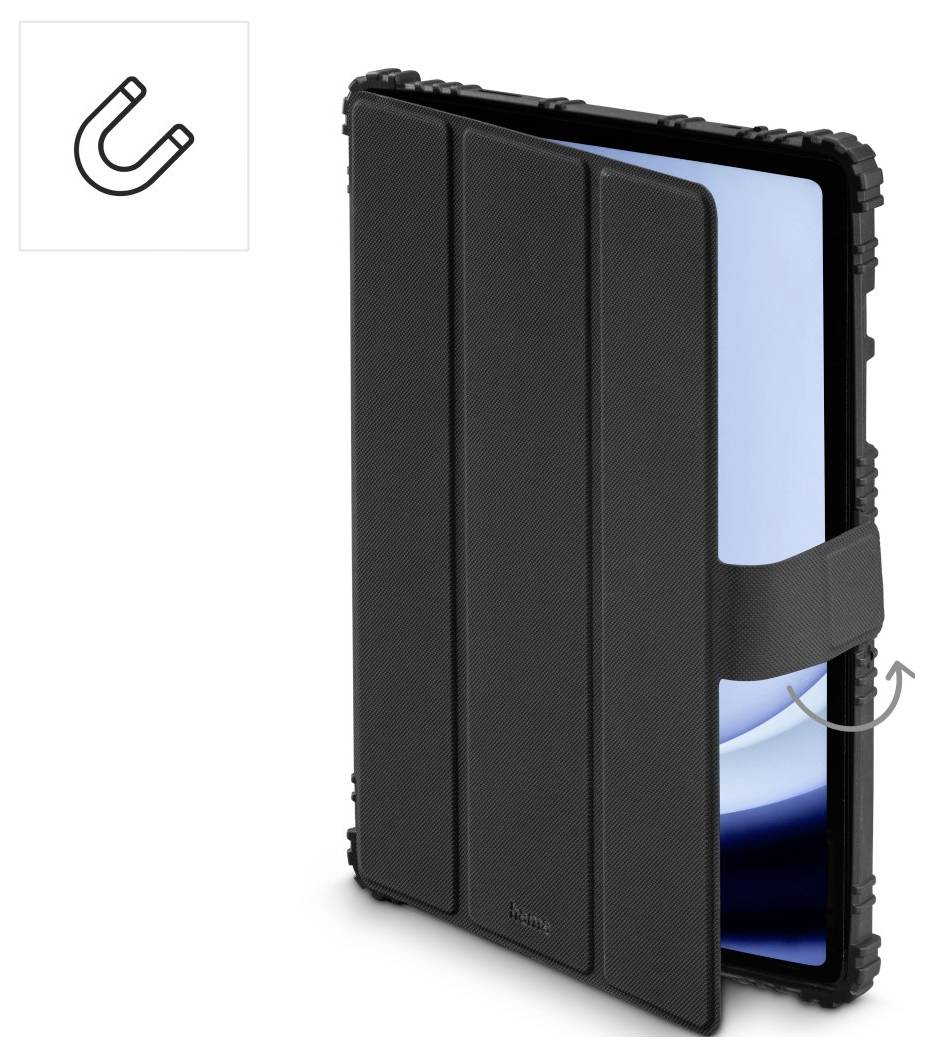 'A black tablet case stands closed with a magnetic flap holding it shut. An icon of a magnet is displayed in the top left corner.'