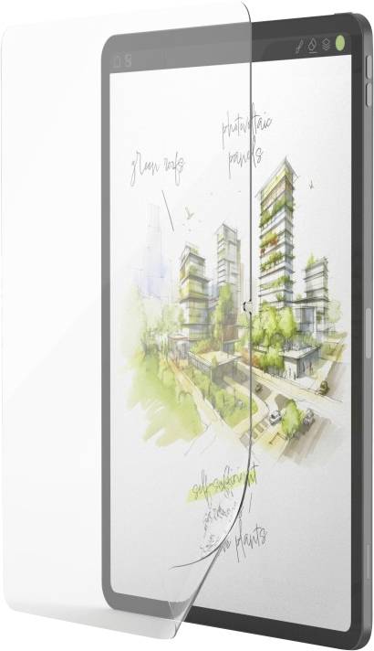A smartphone with a transparent screen protector partially applied, displaying a sketch of modern buildings and greenery.