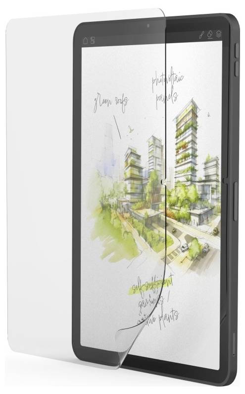 Tablet with screen protector displaying an urban sketch of a green cityscape with high-rise buildings, labeled 'green park' and 'pedestrian promenade'.