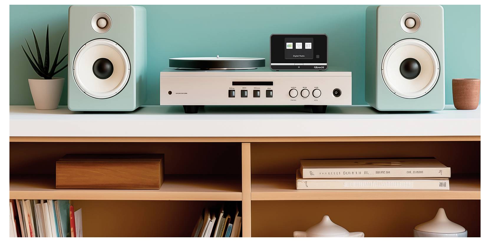 A modern stereo system with two speakers and a digital display on a white shelf against a teal wall; books and decor below.