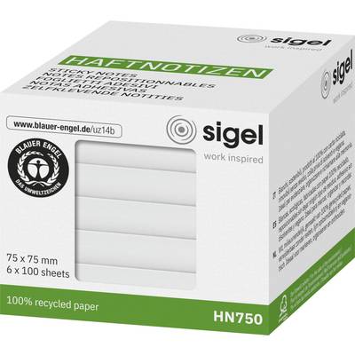 Box of Sigel 'Haftnotizen' sticky notes, 75 x 75 mm, 6 pads of 100 sheets each, made from 100% recycled paper. 'Blauer Engel' certified.