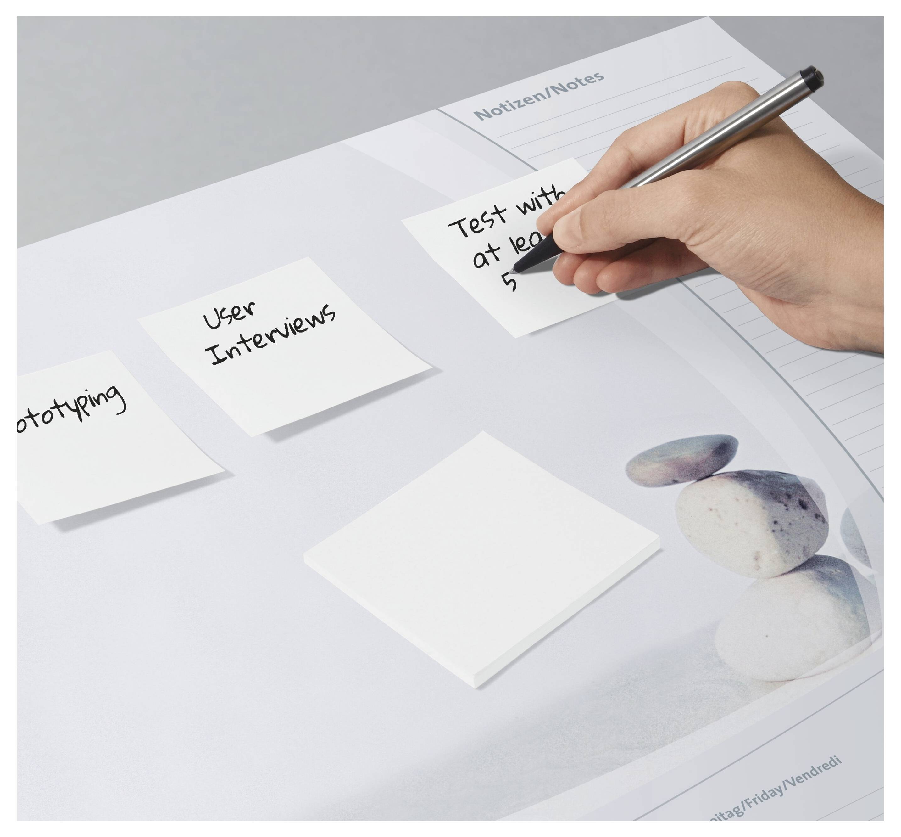 A hand writes on a sticky note reading 'Test with at least 5' placed beside notes labeled 'Prototyping' and 'User Interviews'.