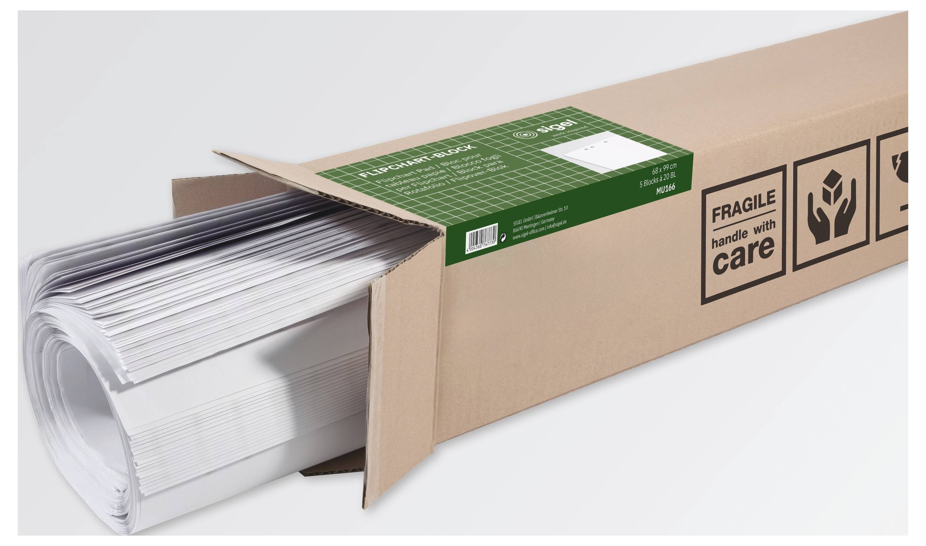 'Cardboard box labeled "Fragile handle with care," containing rolled-up paper sheets, partially opened on a light background.'
