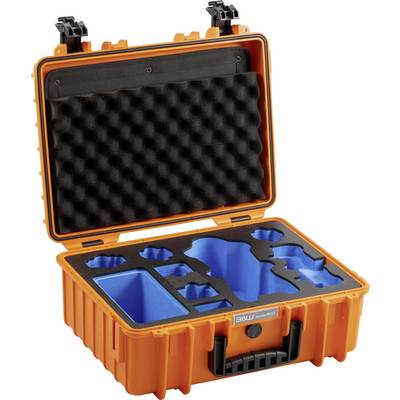 An orange protective case with custom blue foam inserts, designed for safely transporting delicate equipment. The lid has soft cushioning.