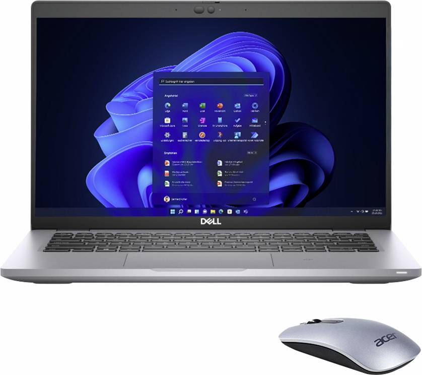 A Dell laptop displaying a desktop with Windows 11 interface, accompanied by an Acer wireless mouse in the foreground.
