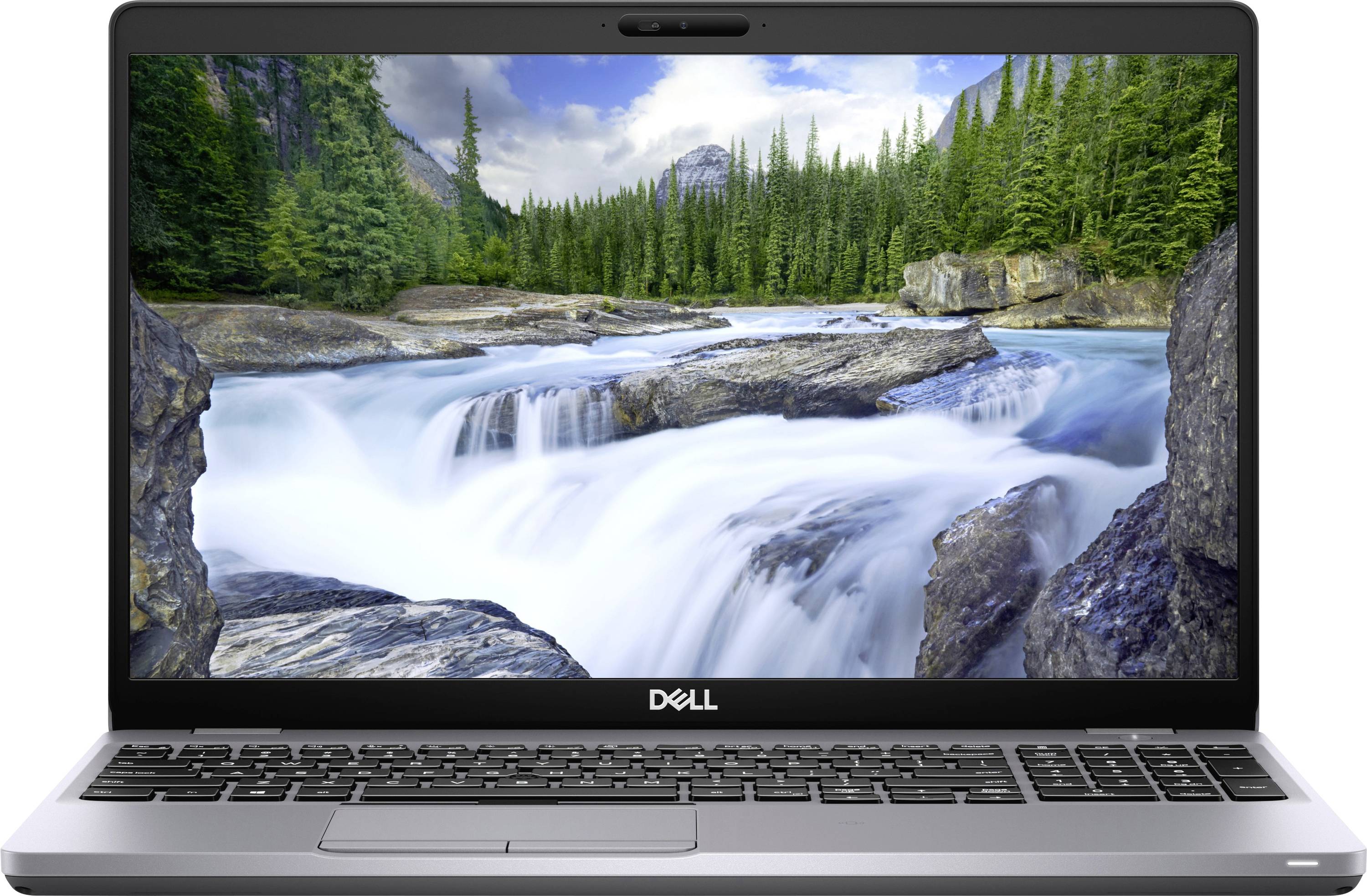 A laptop displaying a nature scene of a river flowing through a forest with mountains in the background, suggesting tranquility and natural beauty.