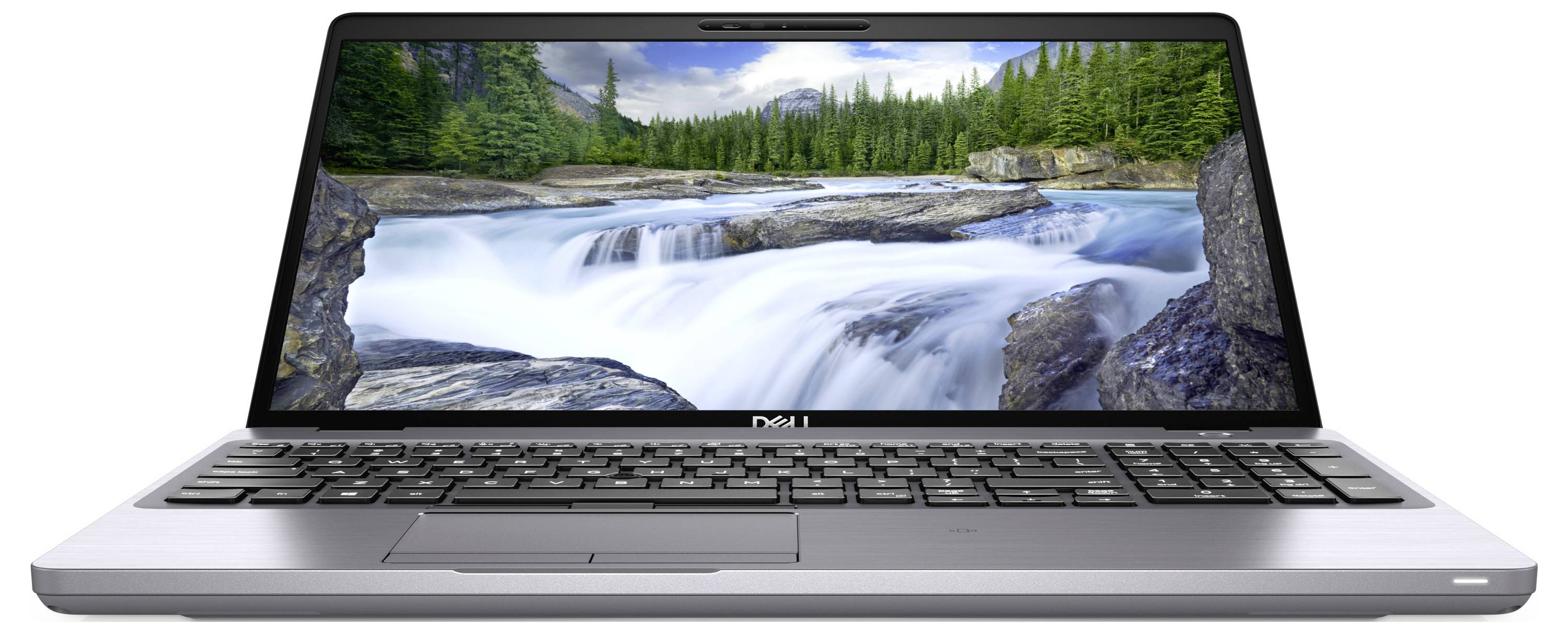 A laptop with a scenic wallpaper of a river flowing through a forest and mountains. The laptop is silver with a black keyboard.