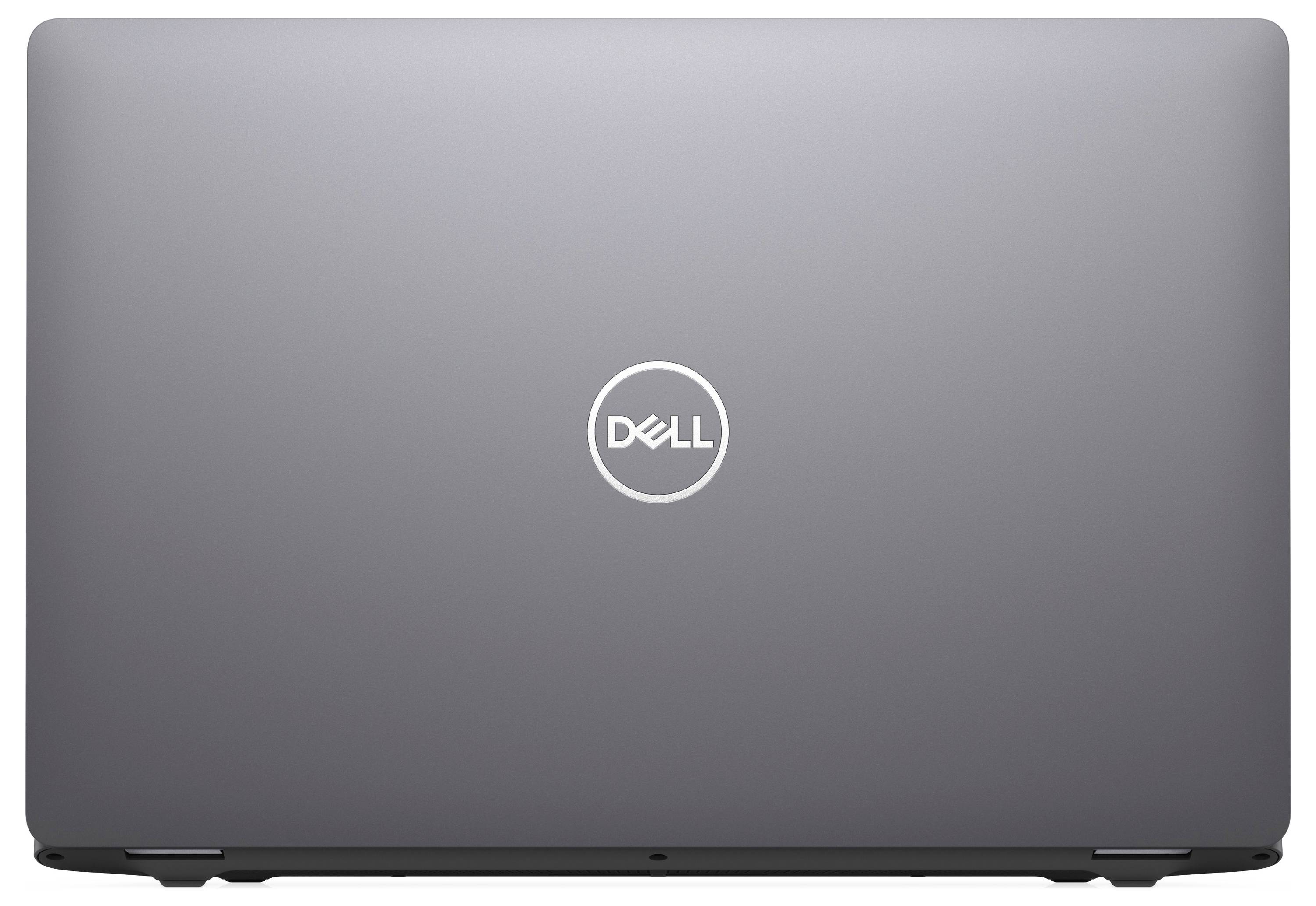 Closed Dell laptop with a gray exterior and a centered logo.