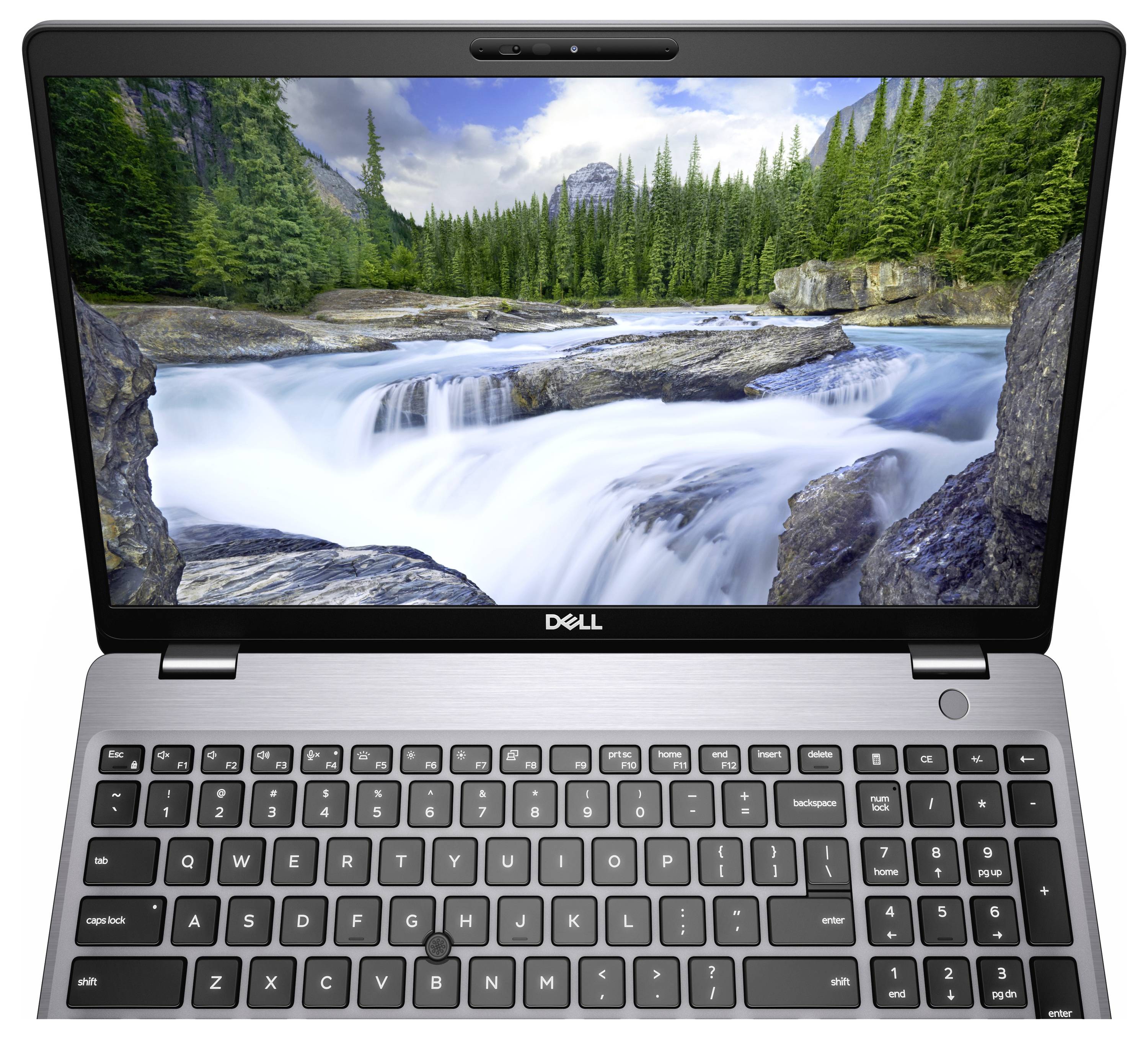 A Dell laptop with a screen displaying a scenic image of a river flowing through a forest with mountains in the background.