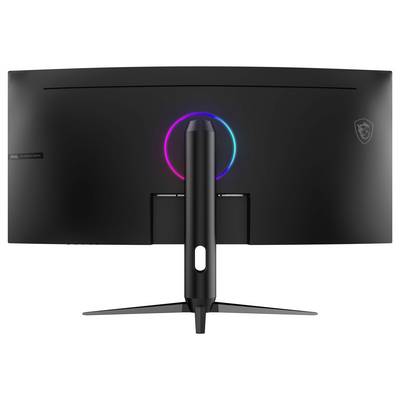 A curved, black computer monitor viewed from the back, featuring a central stand with a circular LED light glowing in multiple colors.