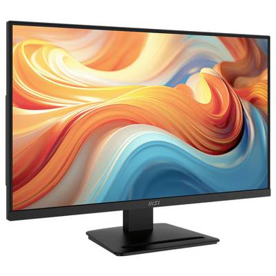 A curved computer monitor displaying vibrant abstract orange and blue waves on the screen.