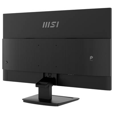 A black MSI monitor viewed from the back, featuring a pro series logo and adjustable stand, indicating a sleek and modern design.
