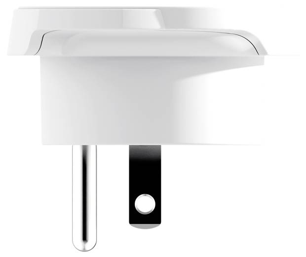 A white electrical plug adapter with one round and one flat prong, designed for international use.