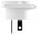 A white electrical plug adapter with one round and one flat prong, designed for international use.