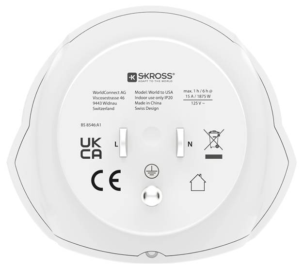 Back view of a white SKROSS power adapter showing specifications: 'Model: World to USA', 'Made in China', 125V, with socket details.