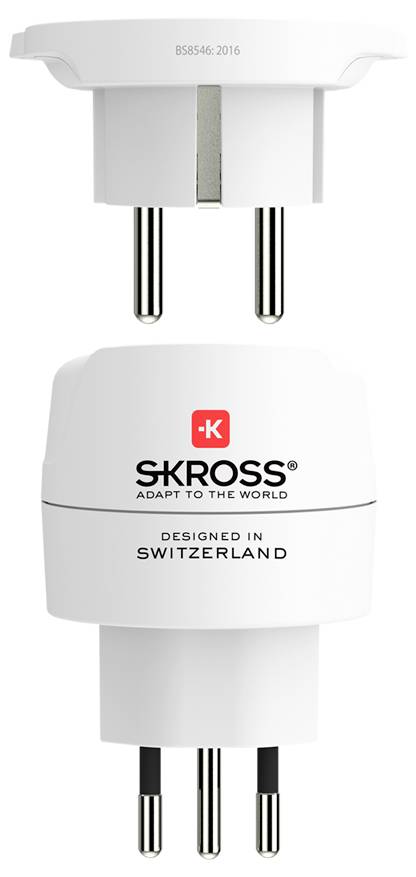 A white Swiss adapter plug with three metal prongs and 'SKROSS' branding, designed for multiple country sockets.