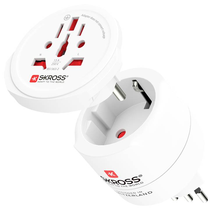 Universal travel adapter by SKROSS, showing various plug inputs and a detachable top for easy power conversion in different countries.
