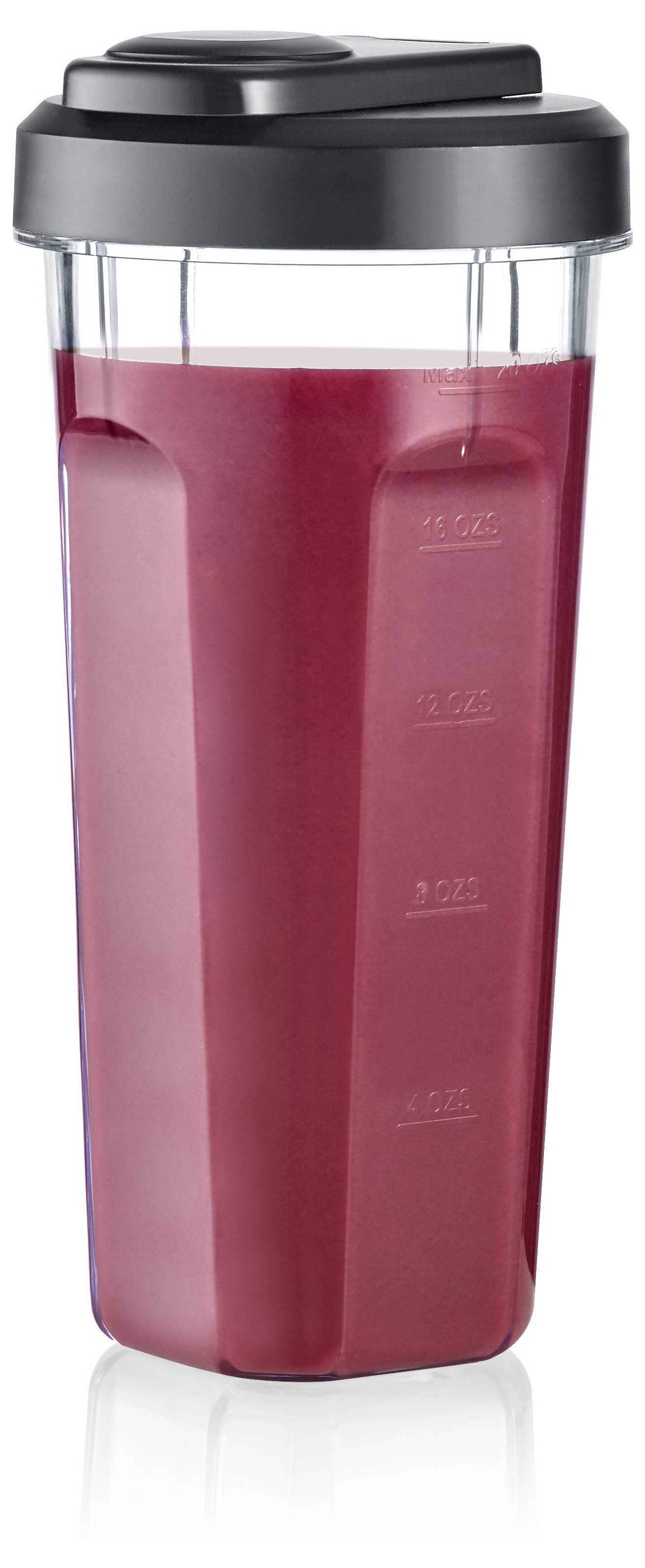 Tall blender cup filled with a red smoothie and a black lid, marked with measurements on the side.