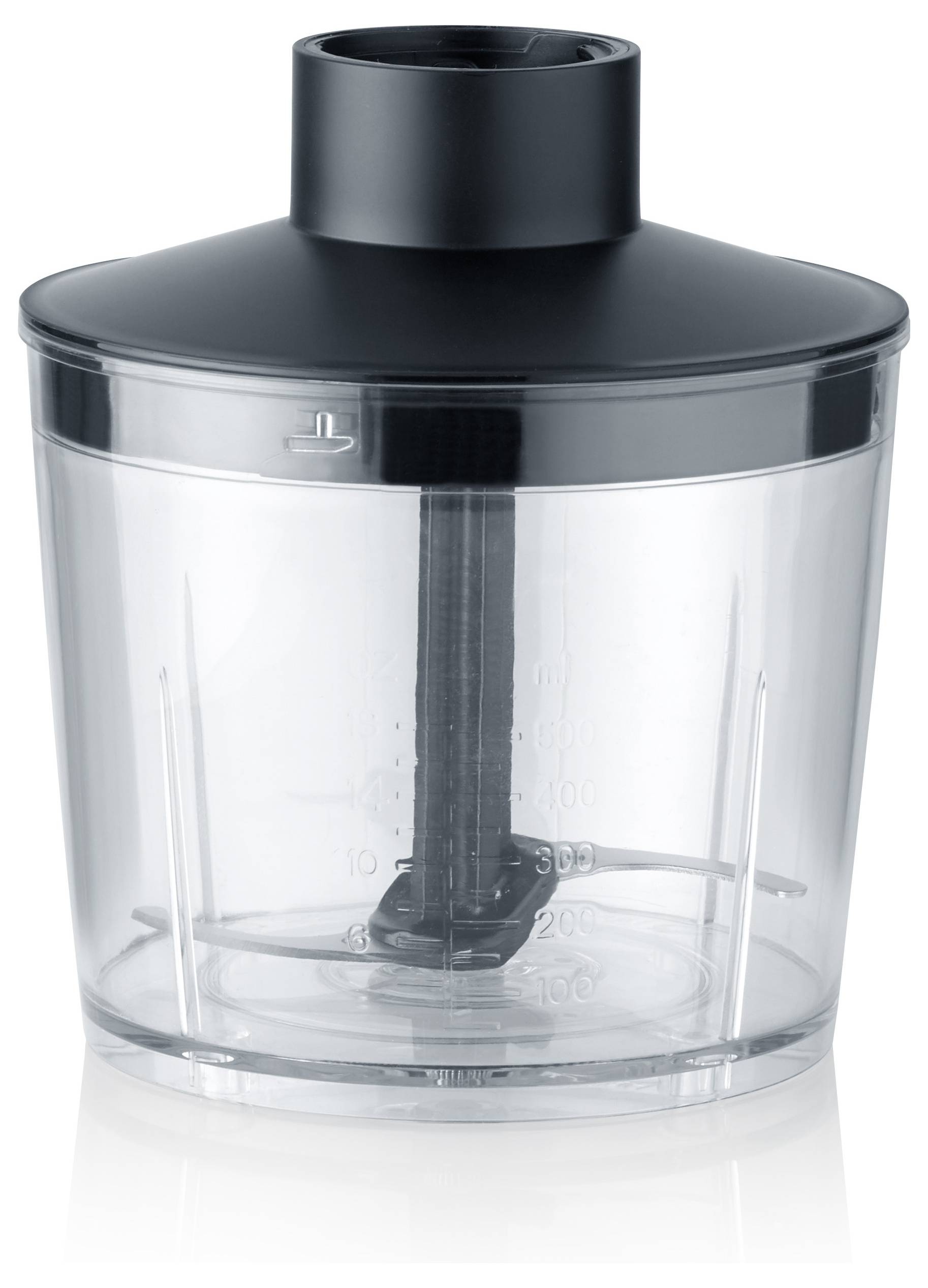 Transparent food processor bowl with black lid and measurement markings, showing a central blade for chopping and mixing.
