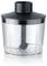 Transparent food processor bowl with black lid and measurement markings, showing a central blade for chopping and mixing.