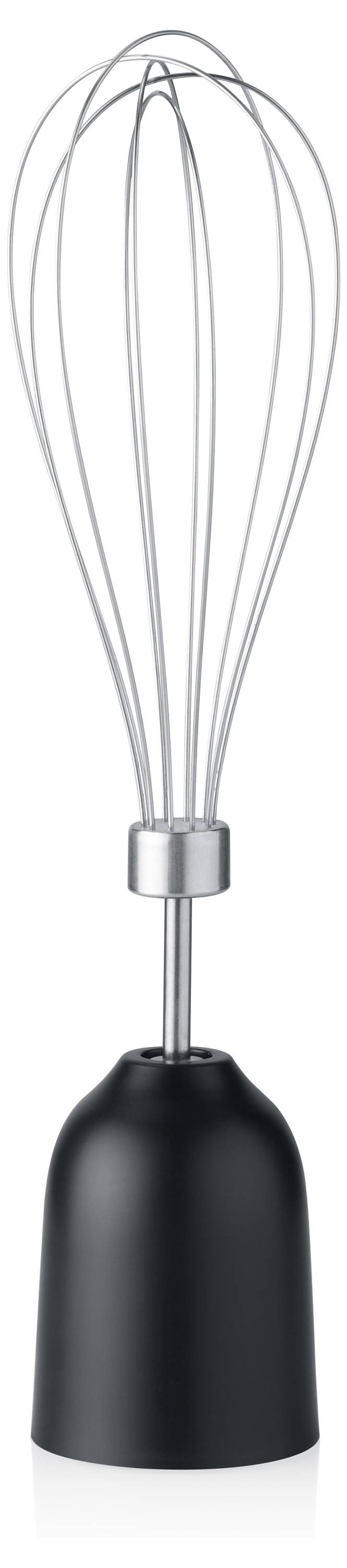A black and stainless steel whisk attachment with multiple wire loops, designed for mixing and blending in kitchen appliances.