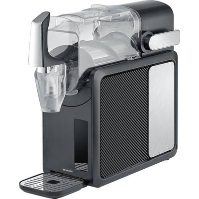A sleek, black espresso machine with a transparent water reservoir on top and a cup placement tray below.