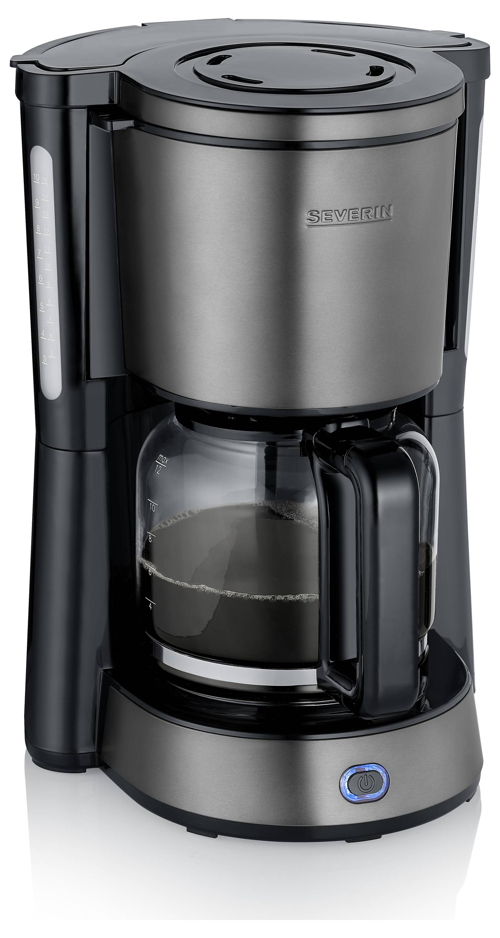 A black and silver drip coffee maker with a glass carafe containing brewed coffee, featuring a blue power button.