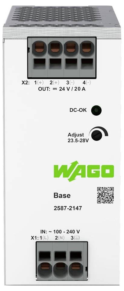 'WAGO Base model 2587-2147 power supply; input: 100-240V, output: 24V/20A; includes indicator lights and voltage adjustment dial.'