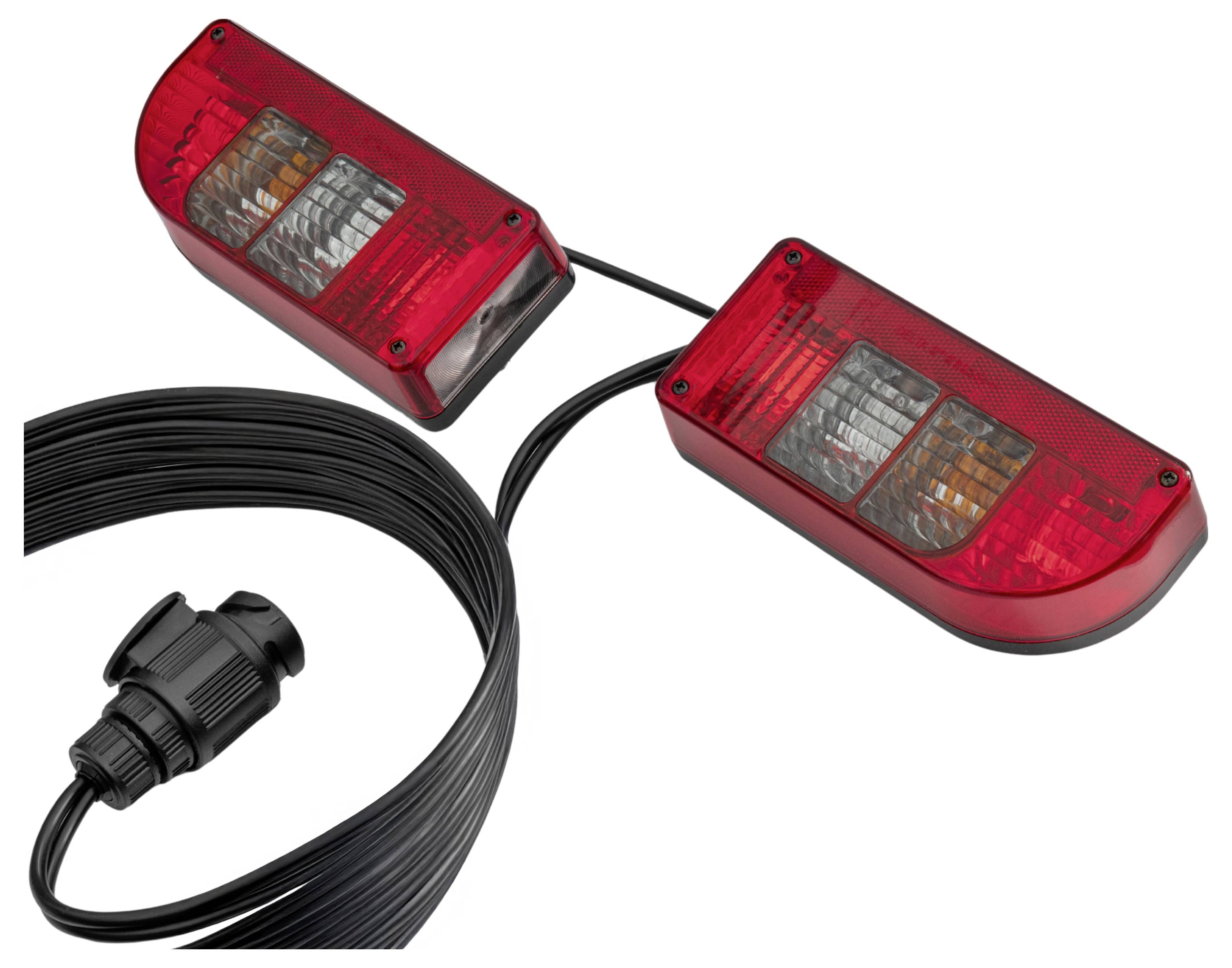 Trailer lighting kit with two red rectangular lights, each featuring brake, tail, and turn signals, connected by a long black cable.