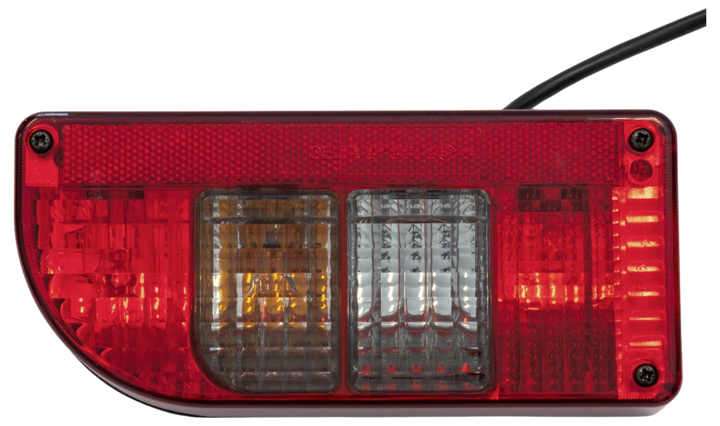 A close-up image of a vehicle tail light with red, amber, and clear sections, showing the wiring connection at the back.