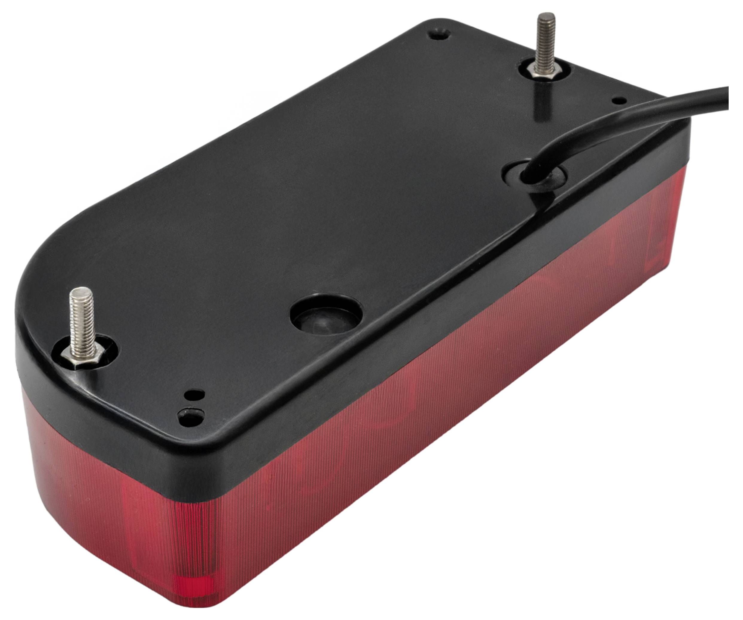 'Black and red rectangular trailer tail light with two mounting screws and attached cable, viewed from the back.'