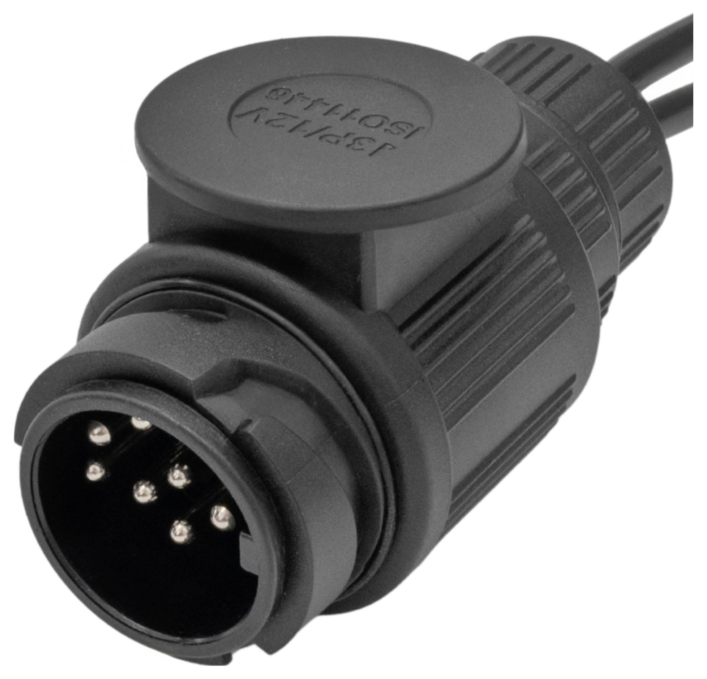 A black 7-pin trailer plug with a ribbed texture and a circular layout, designed for secure electrical connections between vehicles and trailers.