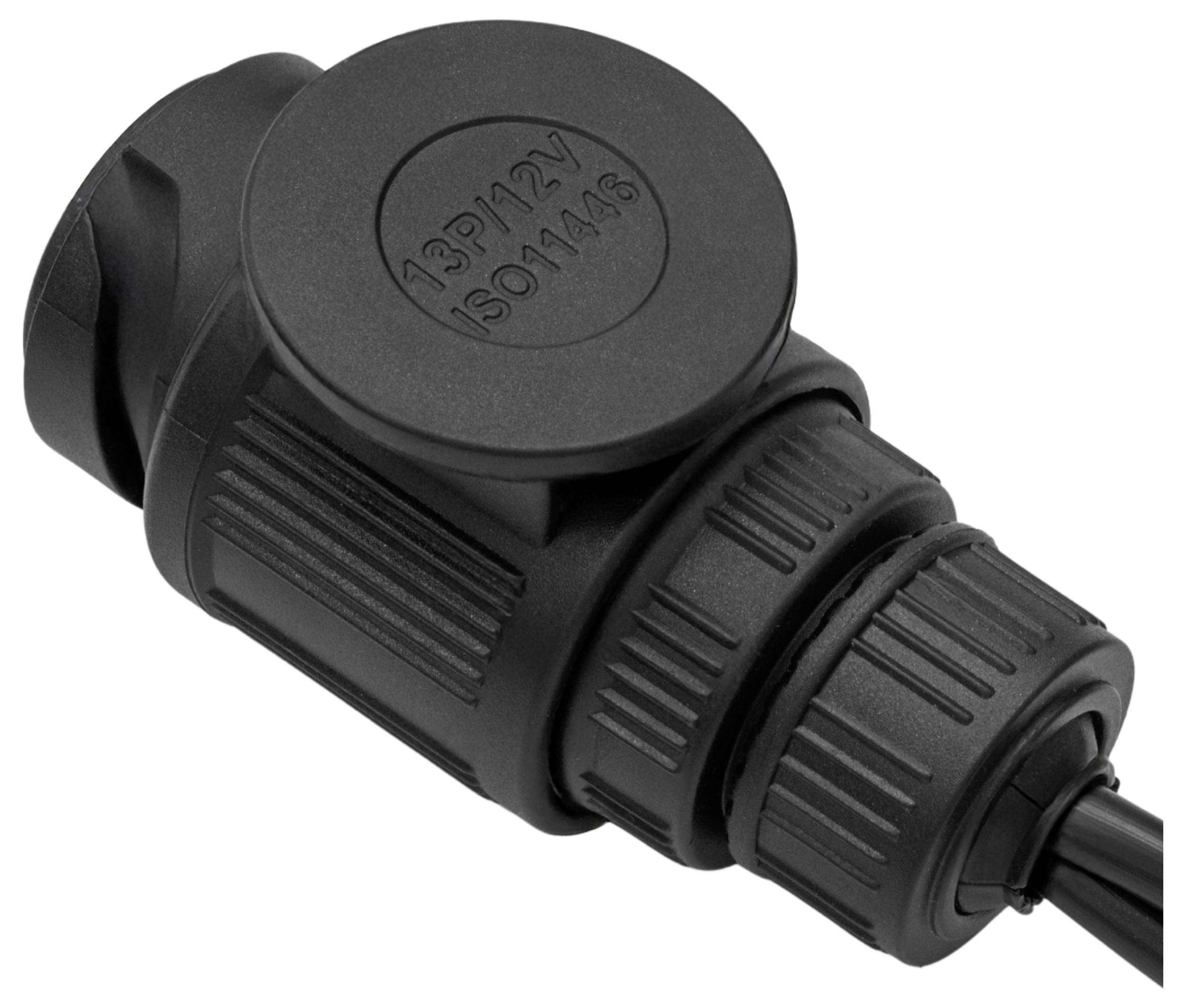 'A close-up of a black 13-pin 12V ISO11446 connector showing ridged grip details, used for vehicle trailer connections.'