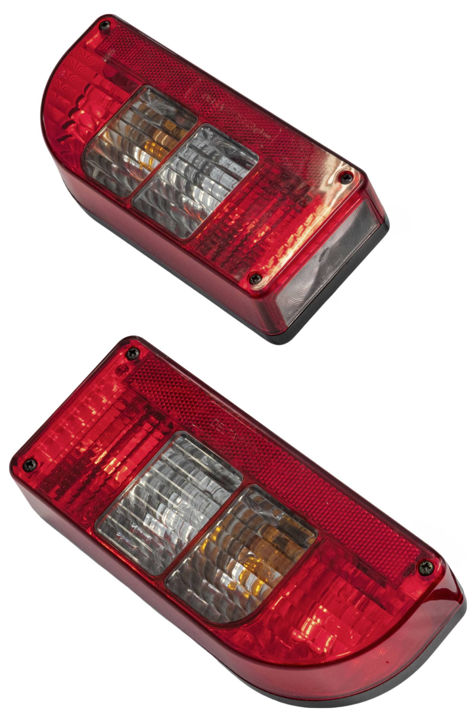 Two red vehicle tail lights with clear and amber sections, viewed from different angles against a white background.