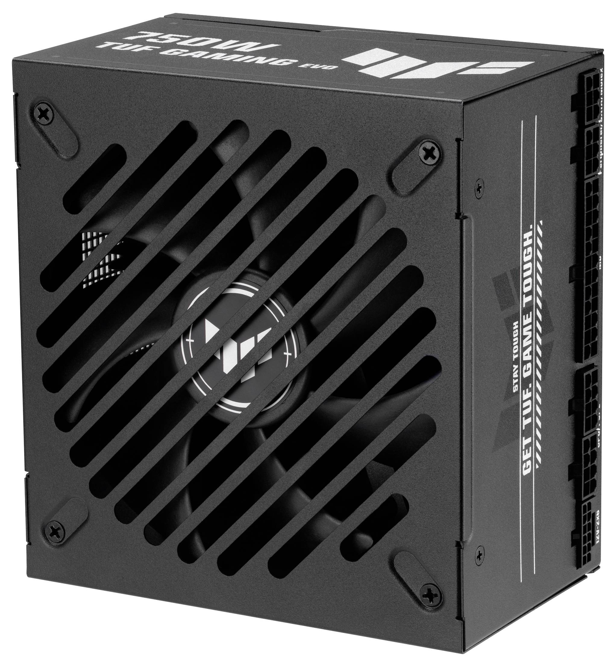 A black gaming power supply unit with a fan grille, side text 'Get the Game Tough,' and visible connectors on the right side.