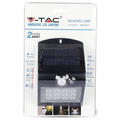 Packaging for a 'V-TAC Solar Wall Lamp', highlighting features: 2-year warranty, 1.5W power, 120lm brightness, 90° range, IP65 rated.